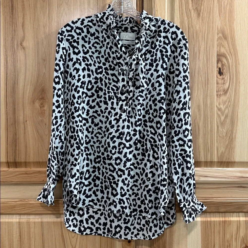 J. Crew Black and White Silk Animal Print Button Down Tie Neck Preppy Top